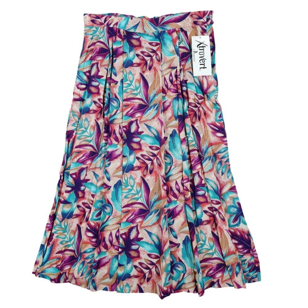 Xtrovert Skirt Womens 10 Vintage 90s Rayon Tropical Floral Pleated Midi USA NEW
